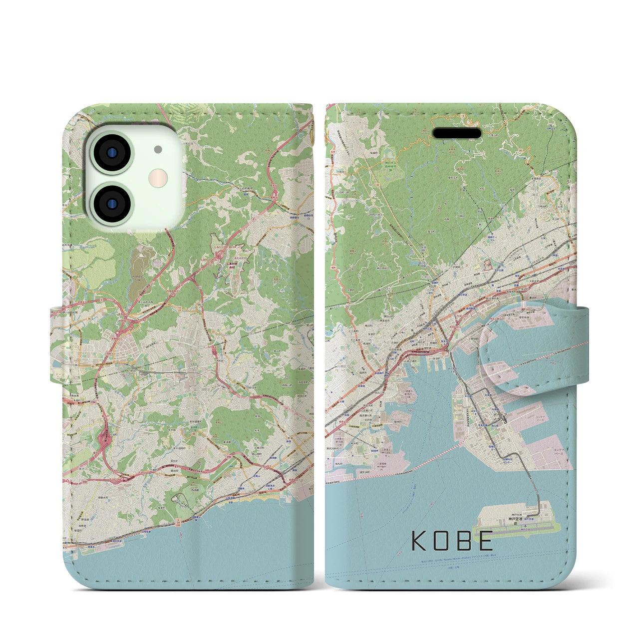 【神戸】地図柄iPhoneケース（手帳両面タイプ・ナチュラル）iPhone 12 mini 用