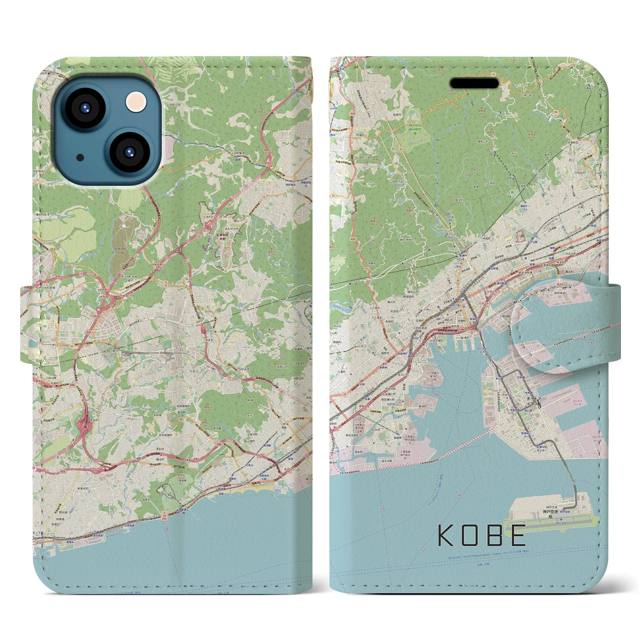 【神戸】地図柄iPhoneケース（手帳両面タイプ・ナチュラル）iPhone 13 用