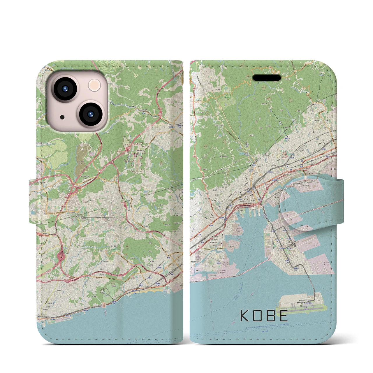 【神戸】地図柄iPhoneケース（手帳両面タイプ・ナチュラル）iPhone 13 mini 用
