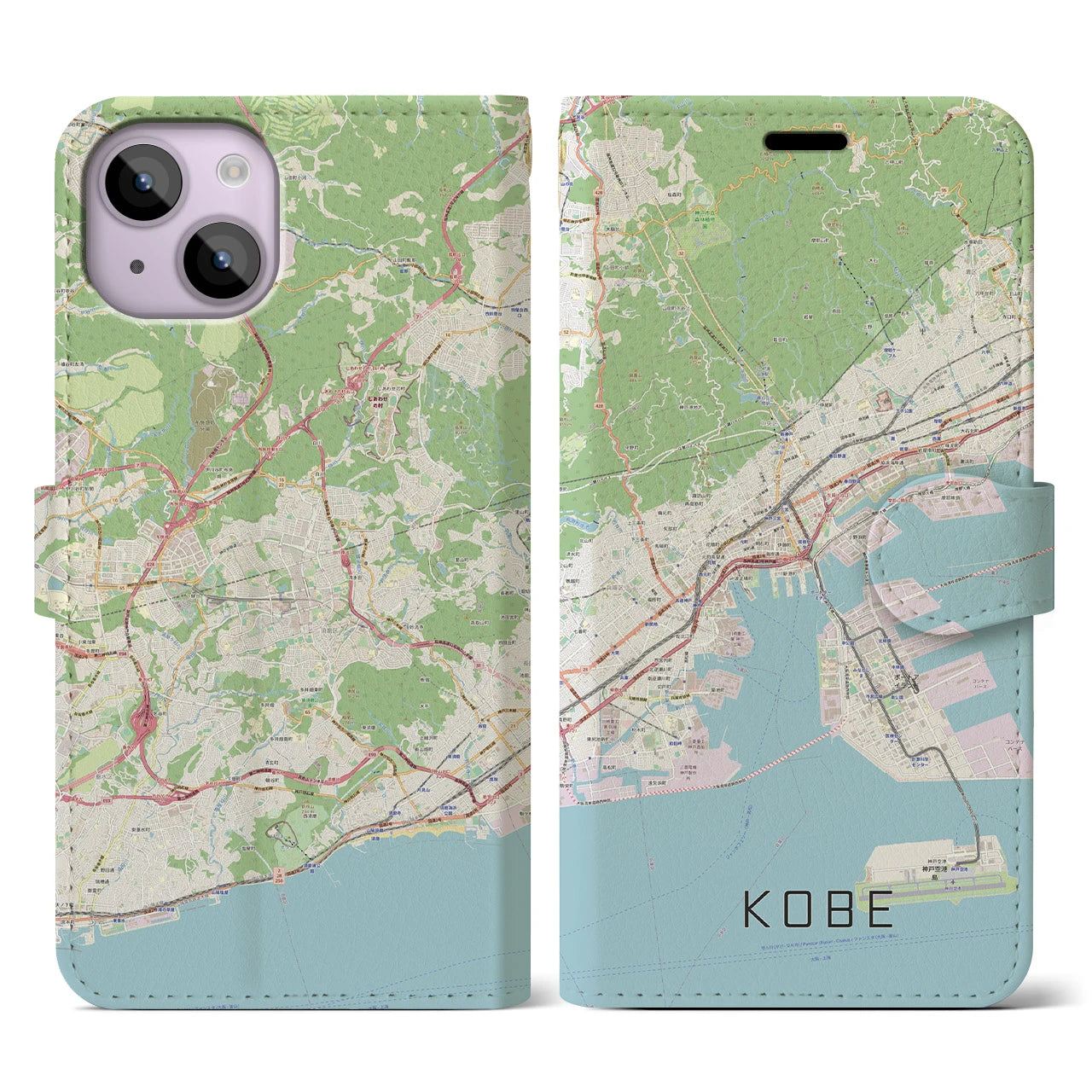 【神戸】地図柄iPhoneケース（手帳両面タイプ・ナチュラル）iPhone 14 用