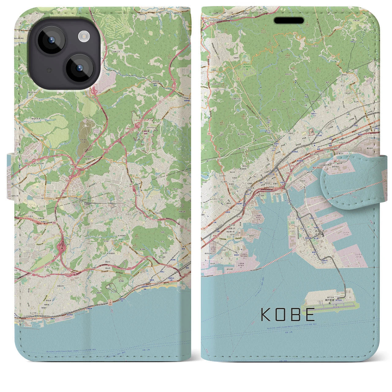【神戸】地図柄iPhoneケース（手帳両面タイプ・ナチュラル）iPhone 14 Plus 用