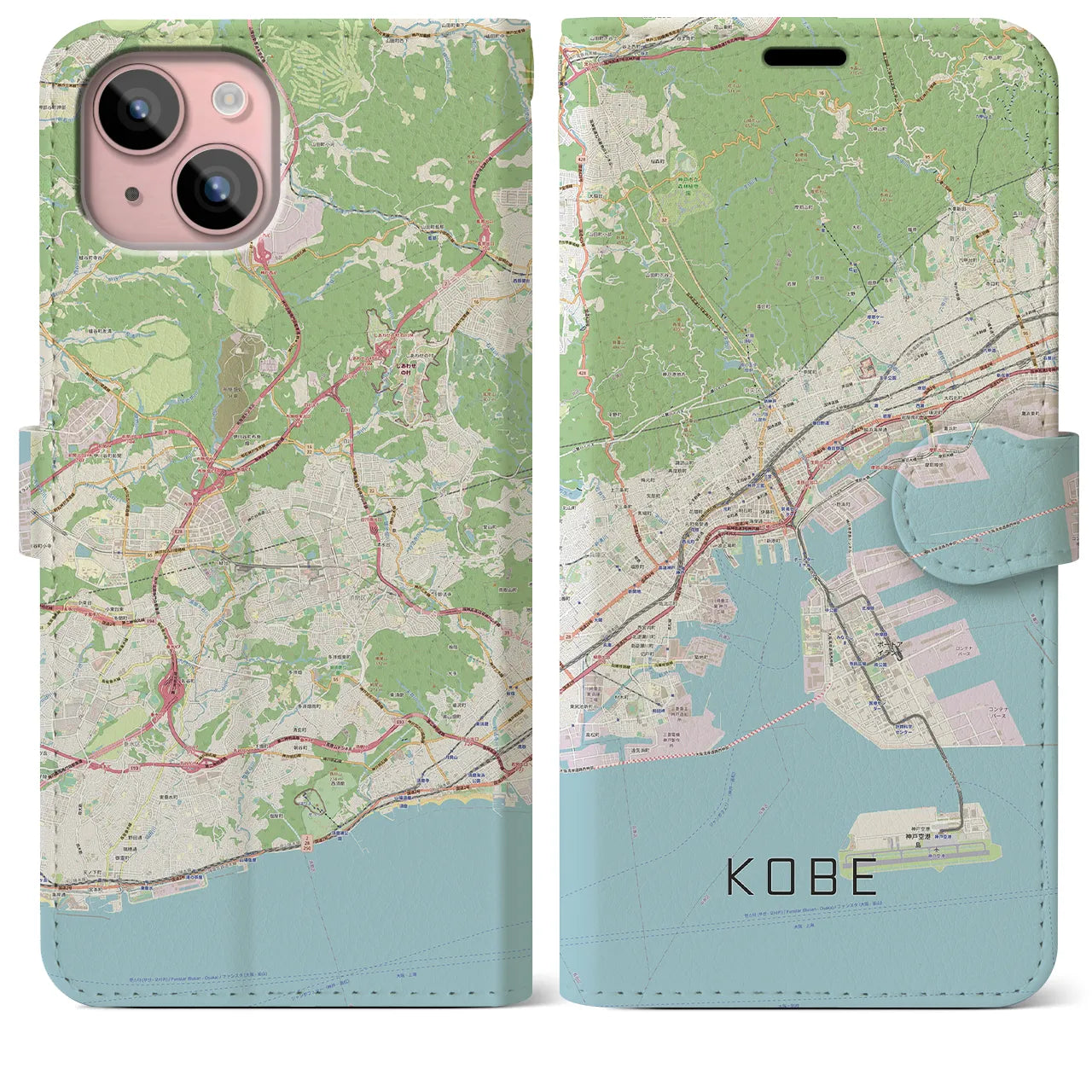 【神戸】地図柄iPhoneケース（手帳両面タイプ・ナチュラル）iPhone 15 Plus 用