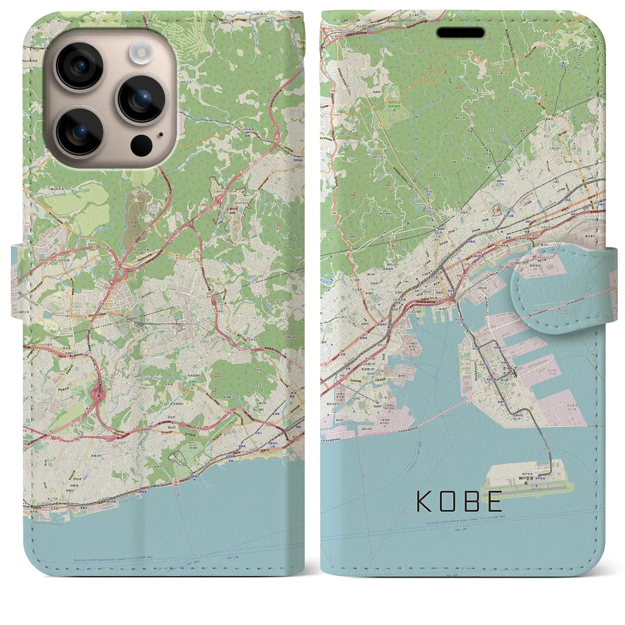 【神戸（兵庫県）】地図柄iPhoneケース（手帳タイプ）ナチュラル・iPhone 16 Plus 用