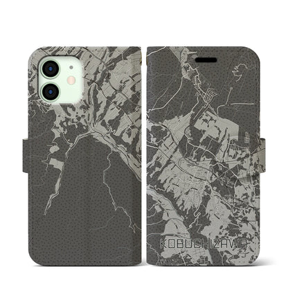 【小淵沢（山梨県）】地図柄iPhoneケース（手帳タイプ）モノトーン・iPhone 12 mini 用