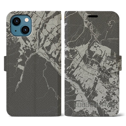 【小淵沢（山梨県）】地図柄iPhoneケース（手帳タイプ）モノトーン・iPhone 13 用