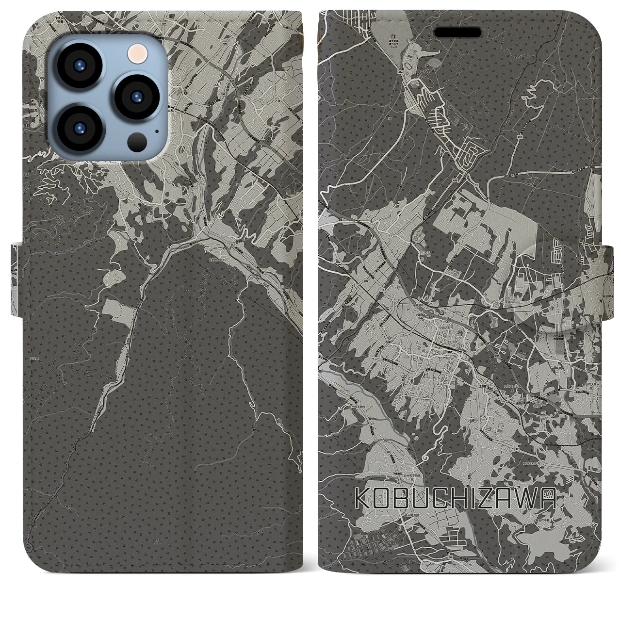 【小淵沢】地図柄iPhoneケース（手帳両面タイプ・モノトーン）iPhone 13 Pro Max 用