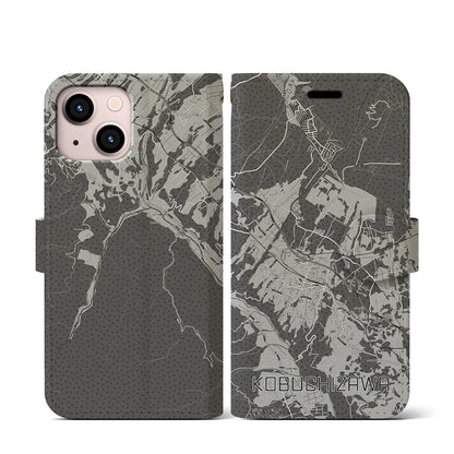 【小淵沢（山梨県）】地図柄iPhoneケース（手帳タイプ）モノトーン・iPhone 13 mini 用