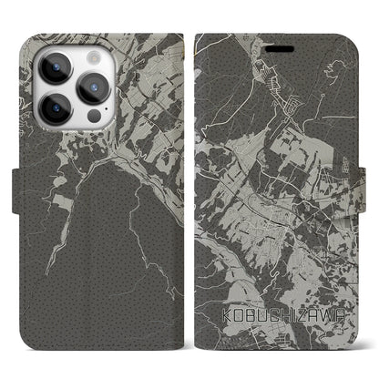 【小淵沢（山梨県）】地図柄iPhoneケース（手帳タイプ）モノトーン・iPhone 14 Pro 用
