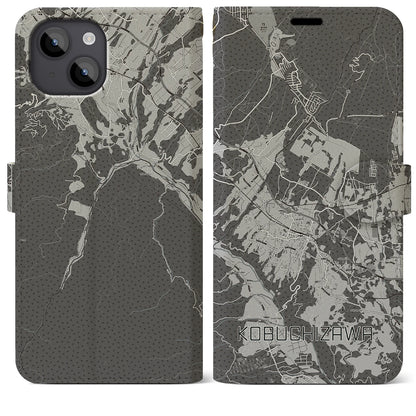 【小淵沢（山梨県）】地図柄iPhoneケース（手帳タイプ）モノトーン・iPhone 14 Plus 用