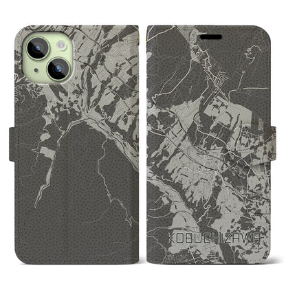 【小淵沢（山梨県）】地図柄iPhoneケース（手帳タイプ）モノトーン・iPhone 15 用