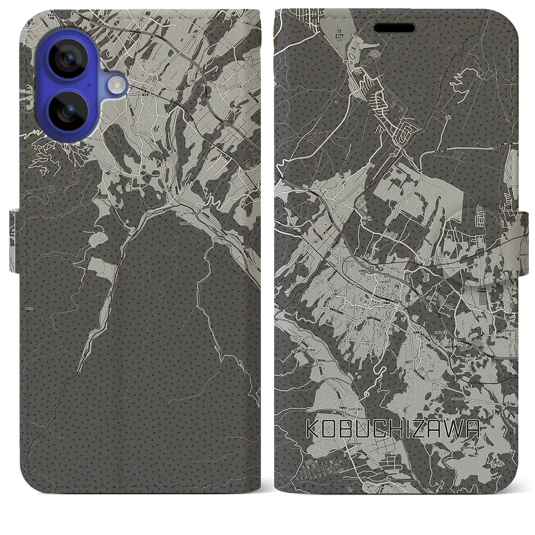 【小淵沢(山梨県)】地図柄iPhoneケース(手帳タイプ)モノトーン・iPhone 16 Pro Max 用