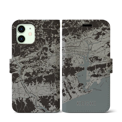 【高知（高知県）】地図柄iPhoneケース（手帳タイプ）モノトーン・iPhone 12 mini 用