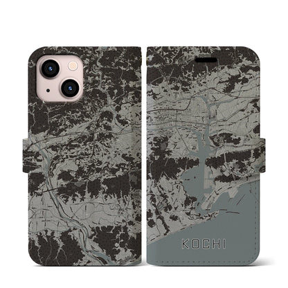 【高知（高知県）】地図柄iPhoneケース（手帳タイプ）モノトーン・iPhone 13 mini 用