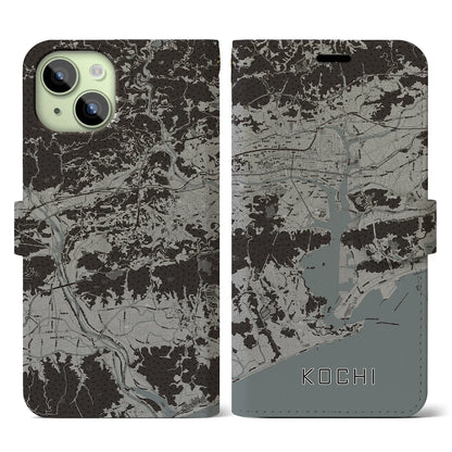 【高知（高知県）】地図柄iPhoneケース（手帳タイプ）モノトーン・iPhone 15 用