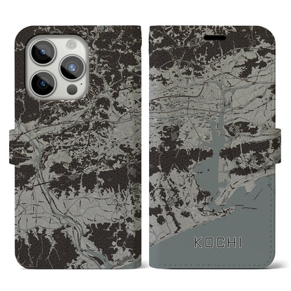 【高知（高知県）】地図柄iPhoneケース（手帳タイプ）モノトーン・iPhone 15 Pro 用