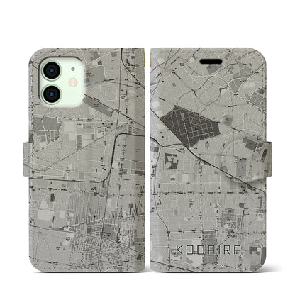 【小平（東京都）】地図柄iPhoneケース（手帳タイプ）モノトーン・iPhone 12 mini 用