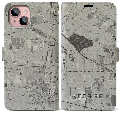 【小平（東京都）】地図柄iPhoneケース（手帳タイプ）モノトーン・iPhone 15 Plus 用