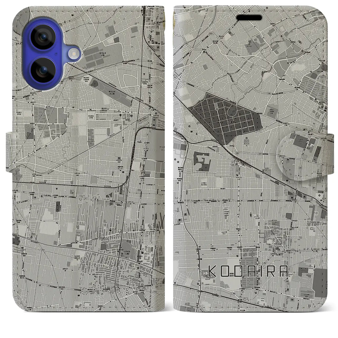 【小平(東京都)】地図柄iPhoneケース(手帳タイプ)モノトーン・iPhone 16 Pro Max 用