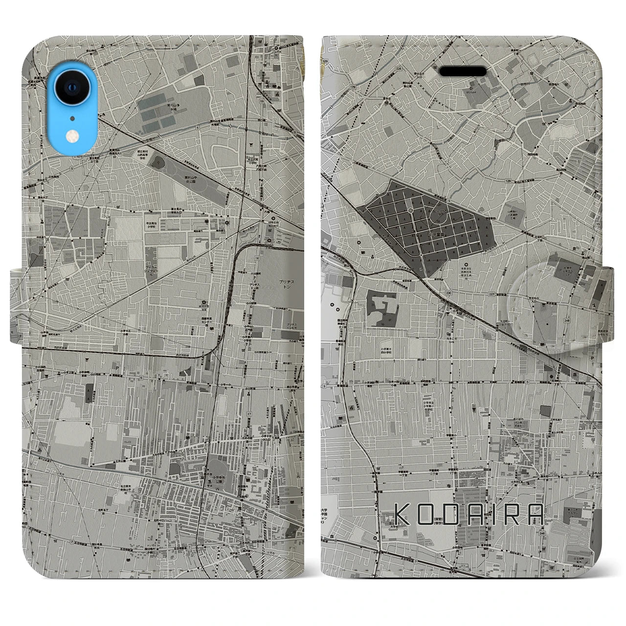 【小平】地図柄iPhoneケース（手帳両面タイプ・モノトーン）iPhone XR 用