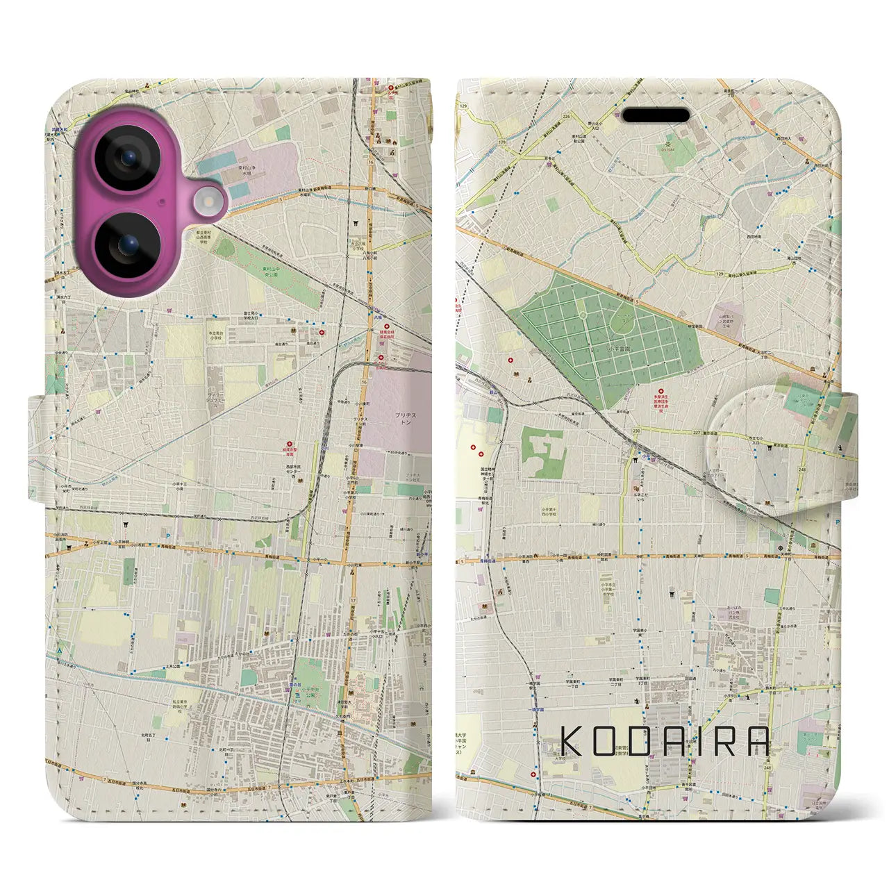 【小平（東京都）】地図柄iPhoneケース（手帳タイプ）ナチュラル・iPhone 16 Pro 用