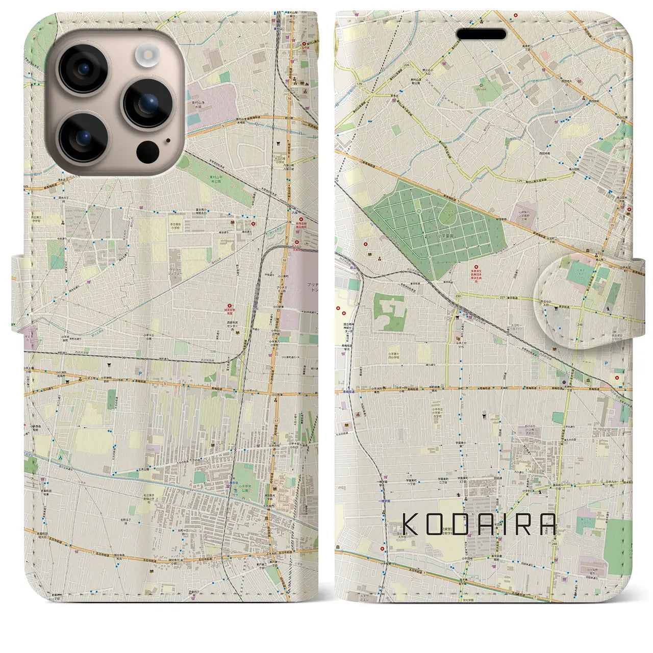 【小平（東京都）】地図柄iPhoneケース（手帳タイプ）ナチュラル・iPhone 16 Plus 用