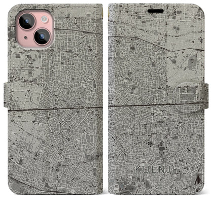 【高円寺2（東京都）】地図柄iPhoneケース（手帳タイプ）モノトーン・iPhone 15 Plus 用