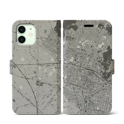 【甲府（山梨県）】地図柄iPhoneケース（手帳タイプ）モノトーン・iPhone 12 mini 用