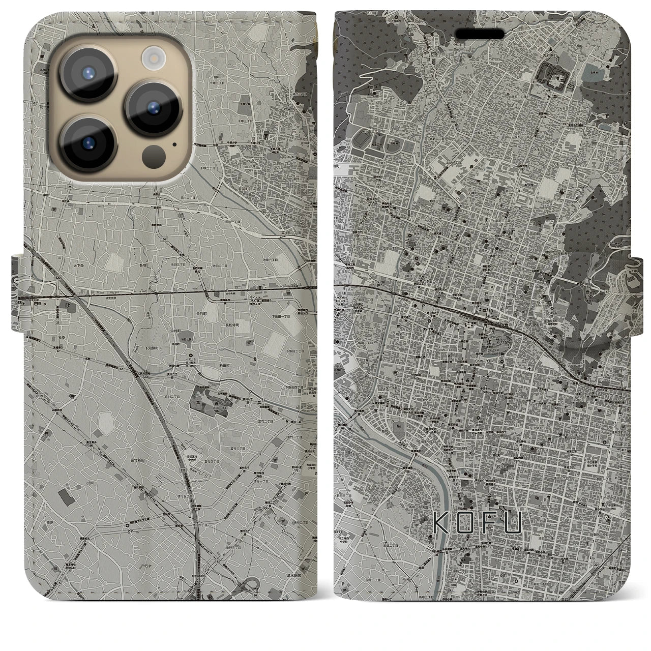 【甲府】地図柄iPhoneケース（手帳両面タイプ・モノトーン）iPhone 14 Pro Max 用