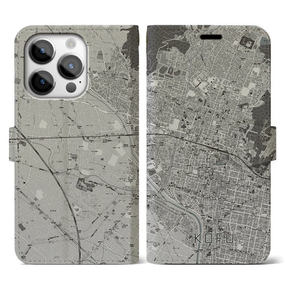 【甲府（山梨県）】地図柄iPhoneケース（手帳タイプ）モノトーン・iPhone 14 Pro 用