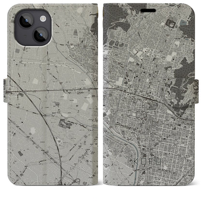 【甲府（山梨県）】地図柄iPhoneケース（手帳タイプ）モノトーン・iPhone 14 Plus 用