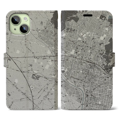 【甲府（山梨県）】地図柄iPhoneケース（手帳タイプ）モノトーン・iPhone 15 用