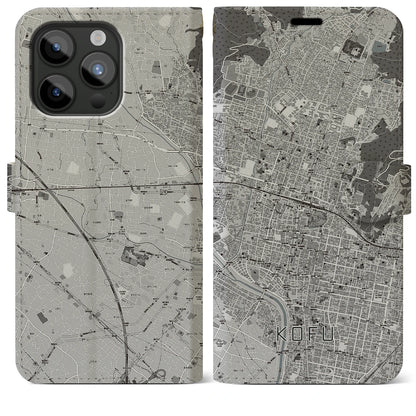 【甲府（山梨県）】地図柄iPhoneケース（手帳タイプ）モノトーン・iPhone 15 Pro Max 用