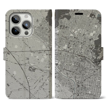 【甲府（山梨県）】地図柄iPhoneケース（手帳タイプ）モノトーン・iPhone 15 Pro 用