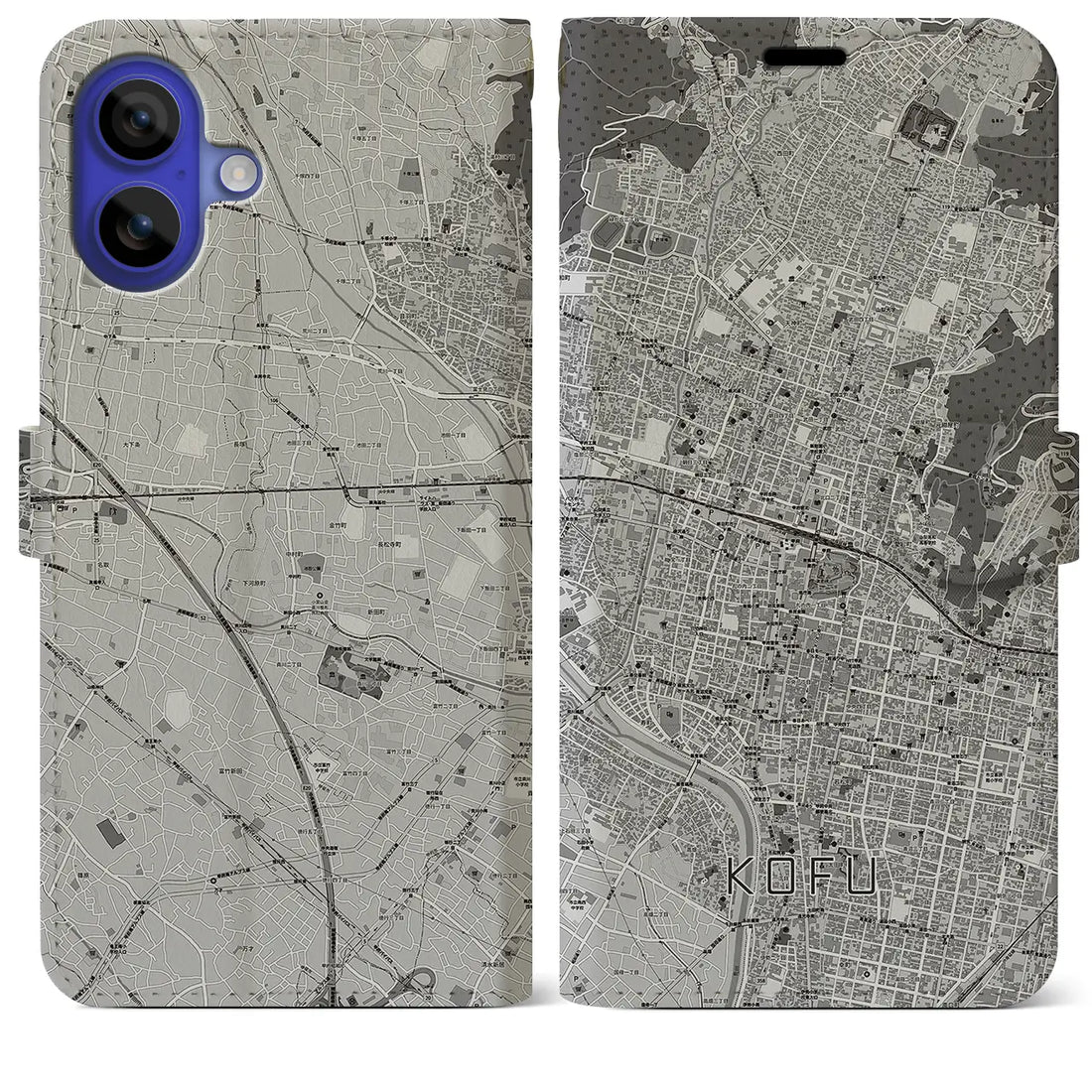 【甲府(山梨県)】地図柄iPhoneケース(手帳タイプ)モノトーン・iPhone 16 Pro Max 用