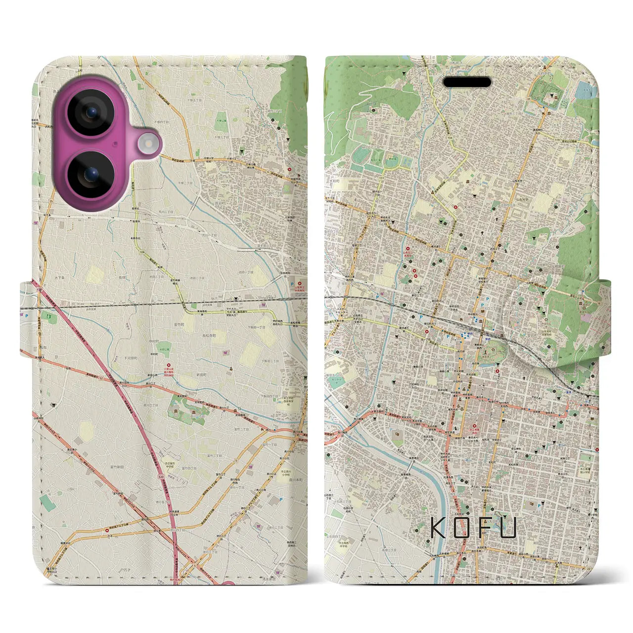 【甲府（山梨県）】地図柄iPhoneケース（手帳タイプ）ナチュラル・iPhone 16 Pro 用