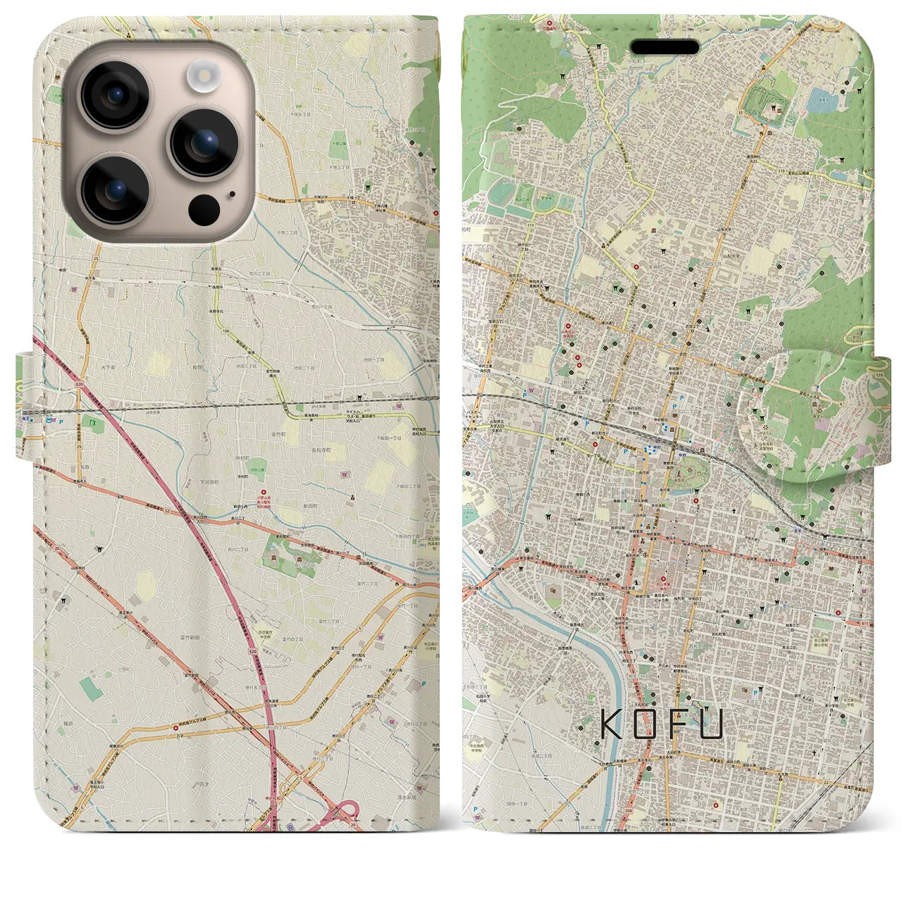 【甲府（山梨県）】地図柄iPhoneケース（手帳タイプ）ナチュラル・iPhone 16 Plus 用