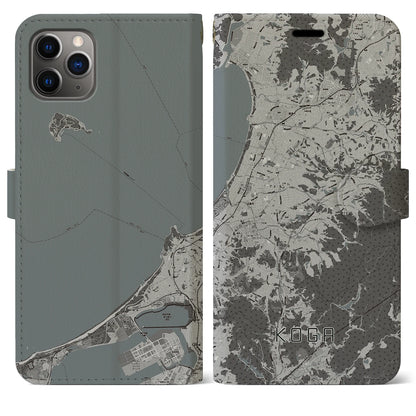 【古賀（福岡県）】地図柄iPhoneケース（手帳タイプ）モノトーン・iPhone 11 Pro Max 用
