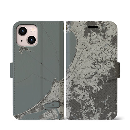 【古賀（福岡県）】地図柄iPhoneケース（手帳タイプ）モノトーン・iPhone 13 mini 用