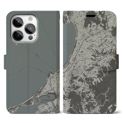 【古賀（福岡県）】地図柄iPhoneケース（手帳タイプ）モノトーン・iPhone 14 Pro 用