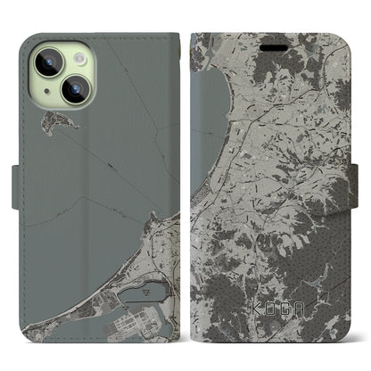 【古賀（福岡県）】地図柄iPhoneケース（手帳タイプ）モノトーン・iPhone 15 用