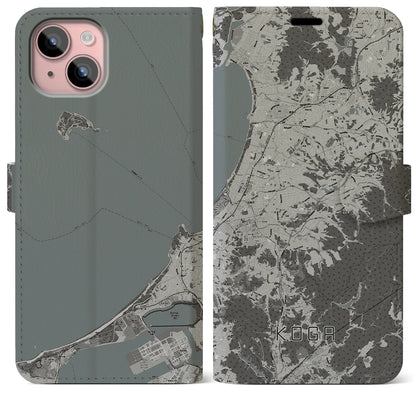 【古賀（福岡県）】地図柄iPhoneケース（手帳タイプ）モノトーン・iPhone 15 Plus 用