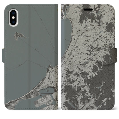 【古賀（福岡県）】地図柄iPhoneケース（手帳タイプ）モノトーン・iPhone XS Max 用