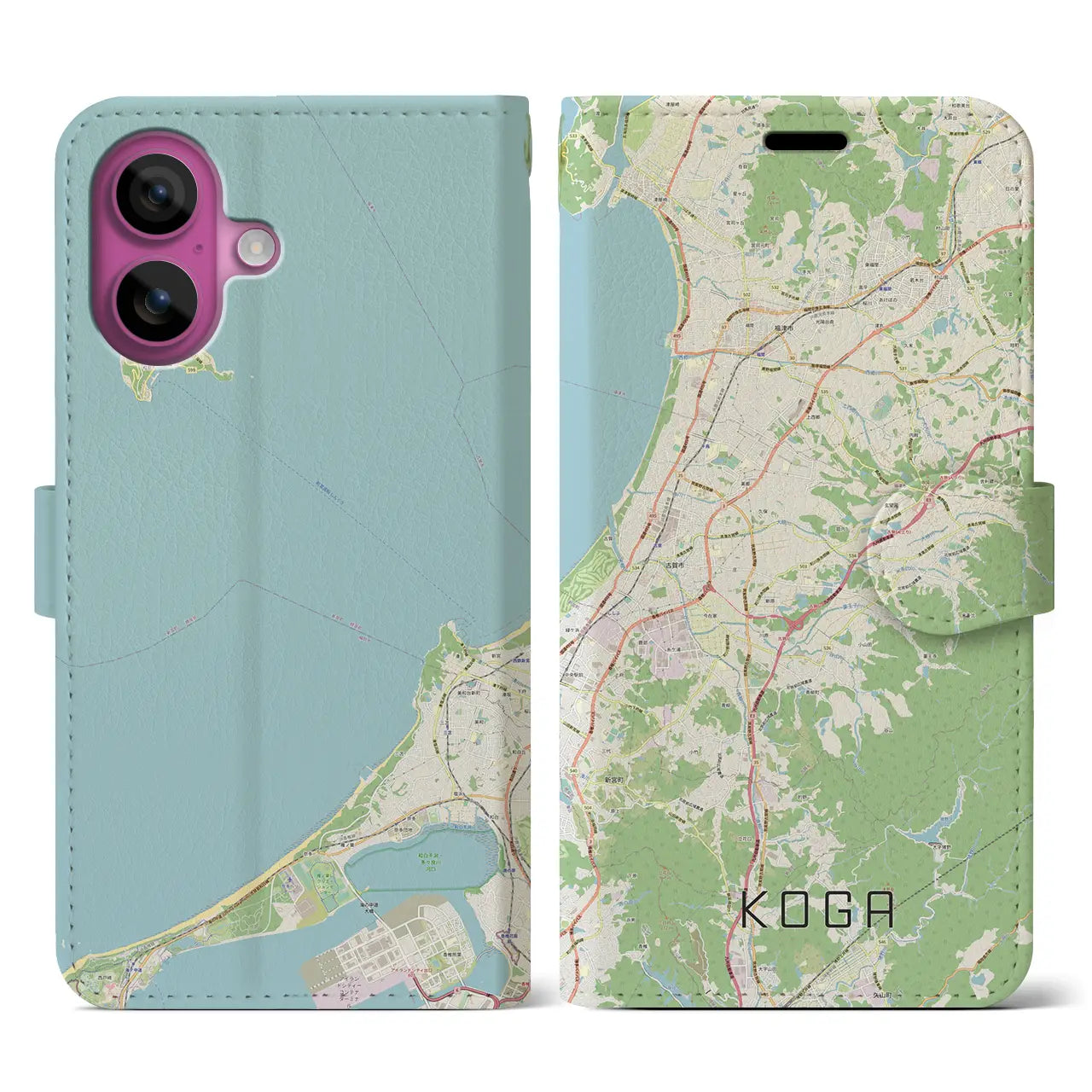 【古賀（福岡県）】地図柄iPhoneケース（手帳タイプ）ナチュラル・iPhone 16 Pro 用