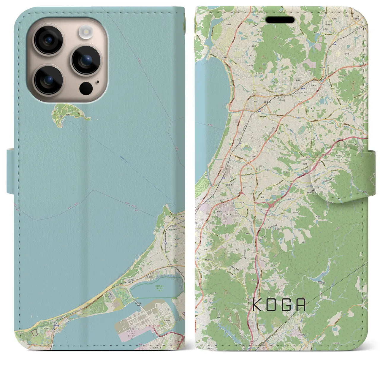 【古賀（福岡県）】地図柄iPhoneケース（手帳タイプ）ナチュラル・iPhone 16 Plus 用