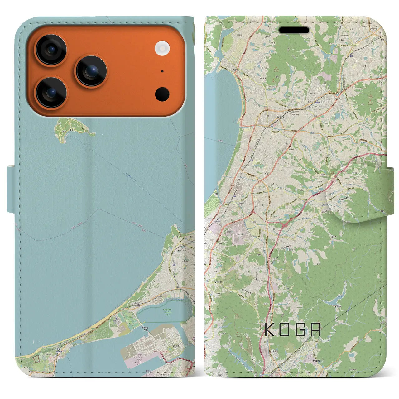【古賀(福岡県)】地図柄iPhoneケース(手帳タイプ)モノトーン・iPhone 17 Pro Max 用