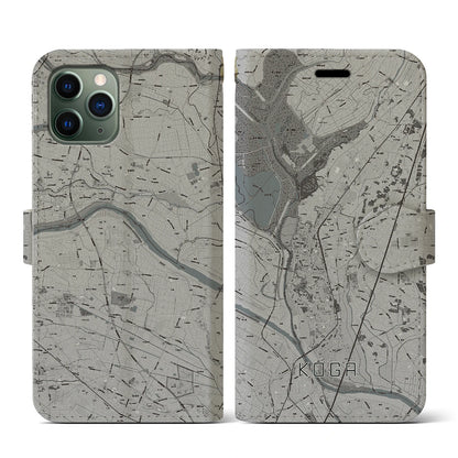 【古河（茨城県）】地図柄iPhoneケース（手帳タイプ）モノトーン・iPhone 11 Pro 用