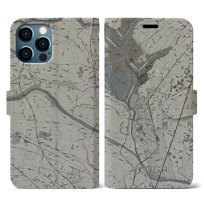 【古河（茨城県）】地図柄iPhoneケース（手帳タイプ）モノトーン・iPhone 12 / 12 Pro 用