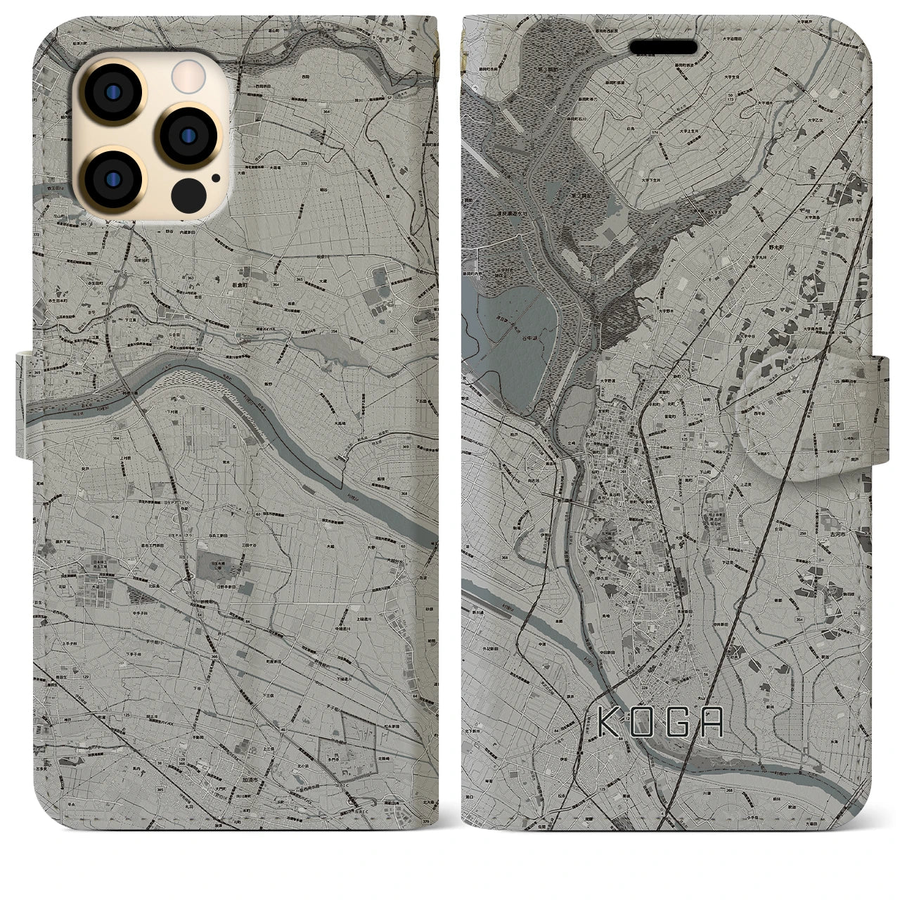 【古河】地図柄iPhoneケース（手帳両面タイプ・モノトーン）iPhone 12 Pro Max 用