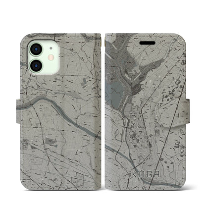 【古河（茨城県）】地図柄iPhoneケース（手帳タイプ）モノトーン・iPhone 12 mini 用