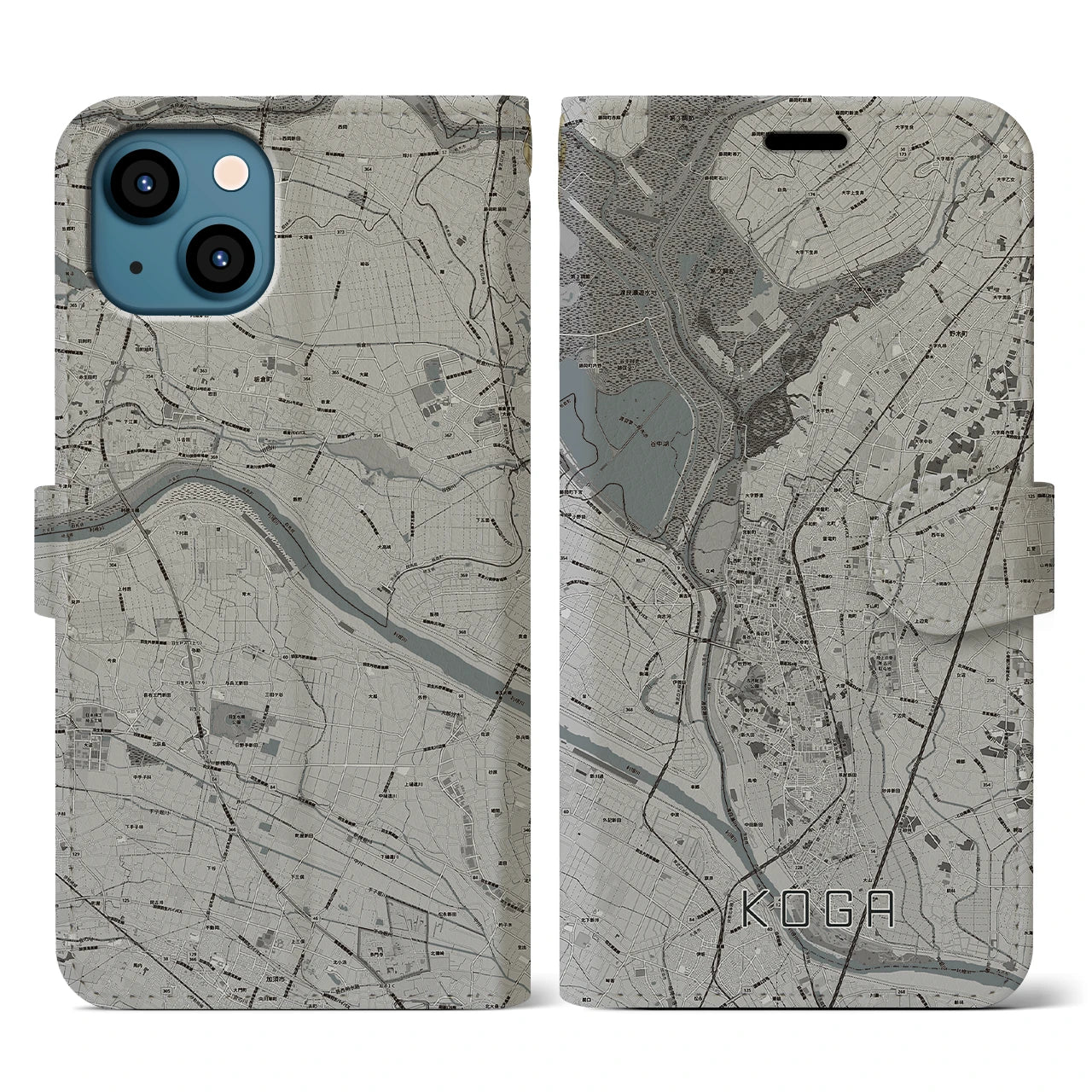 【古河】地図柄iPhoneケース（手帳両面タイプ・モノトーン）iPhone 13 用